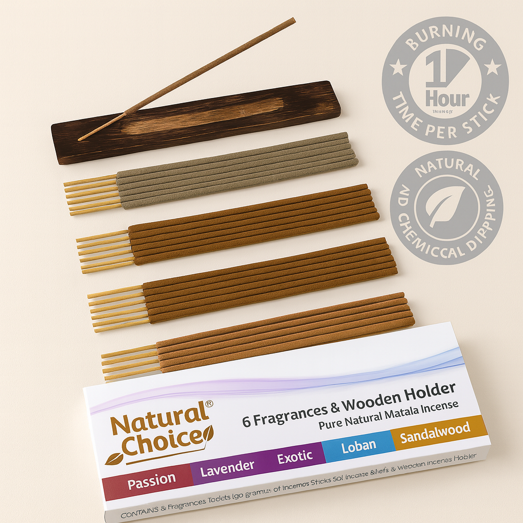 6 Fragrance Gift Pack with Burner – Passion, Rose, Lavender, Exotic, Loban & Sandalwood – Aromatherapy Incense Gift Set for Home, Relaxation, Meditation & Gifting