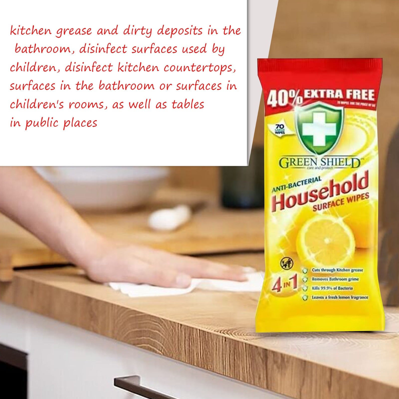 A hand holding Green Shield surface wipes, demonstrating effortless cleaning