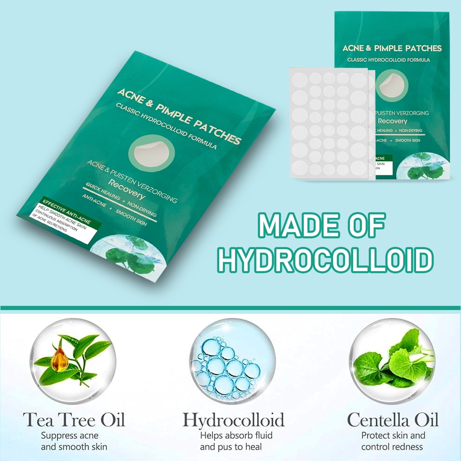A flat lay of Mode Blend Pimple Patches, showing the compact, travel-friendly packaging with 36 invisible patches