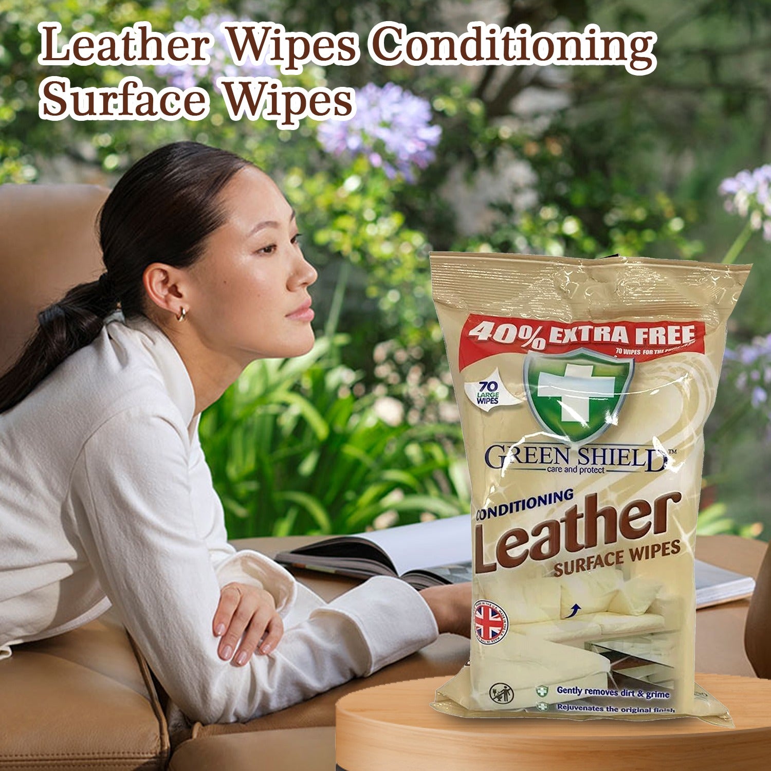 Leather surface cleaning made easy with Mode Blend Green Shield Wipes, pack of 2 with 140 wipes each