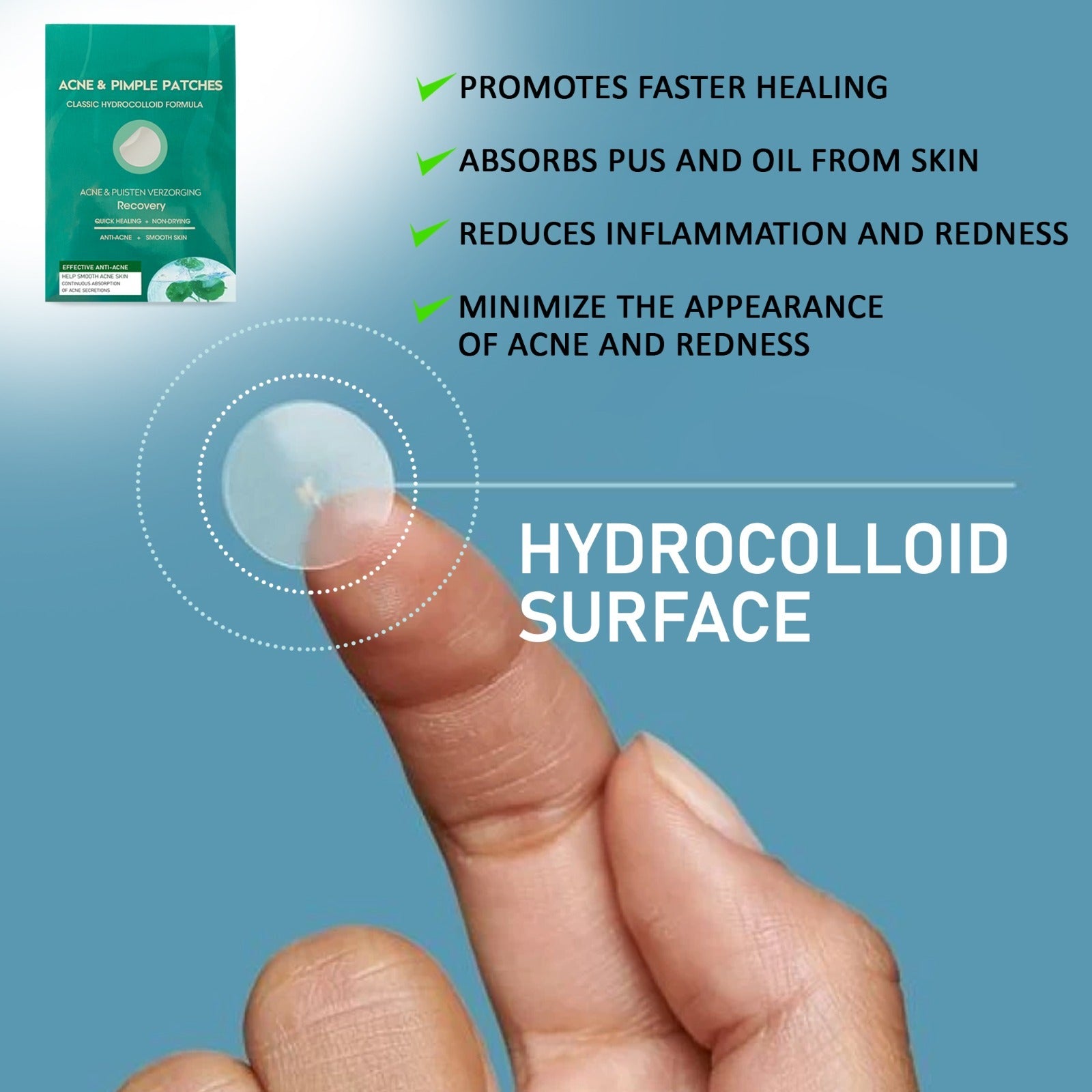 Close up of Mode Blend Acne Healing Invisible Hydrocolloid Waterproof Pimple Patches in a sleek pack of 36, perfect for discreet and effective acne care