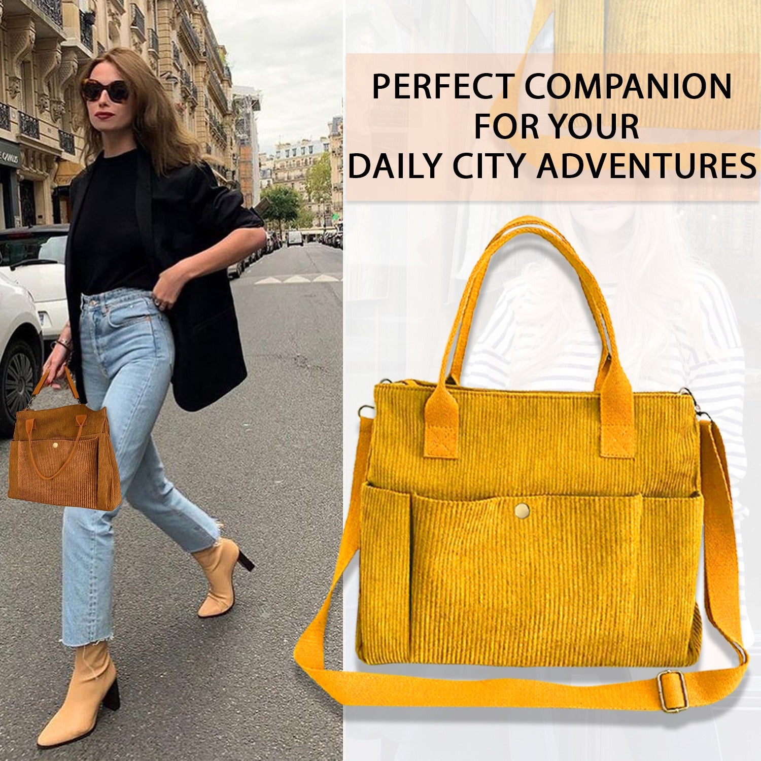 Mode Blend Corduroy Canvas Crossbody Tote in chic brown, offering a functional and fashionable solution for college, work, travel, and daily use. The bag features a spacious main compartment, adjustable strap, and sturdy canvas material, perfect for everyday adventures