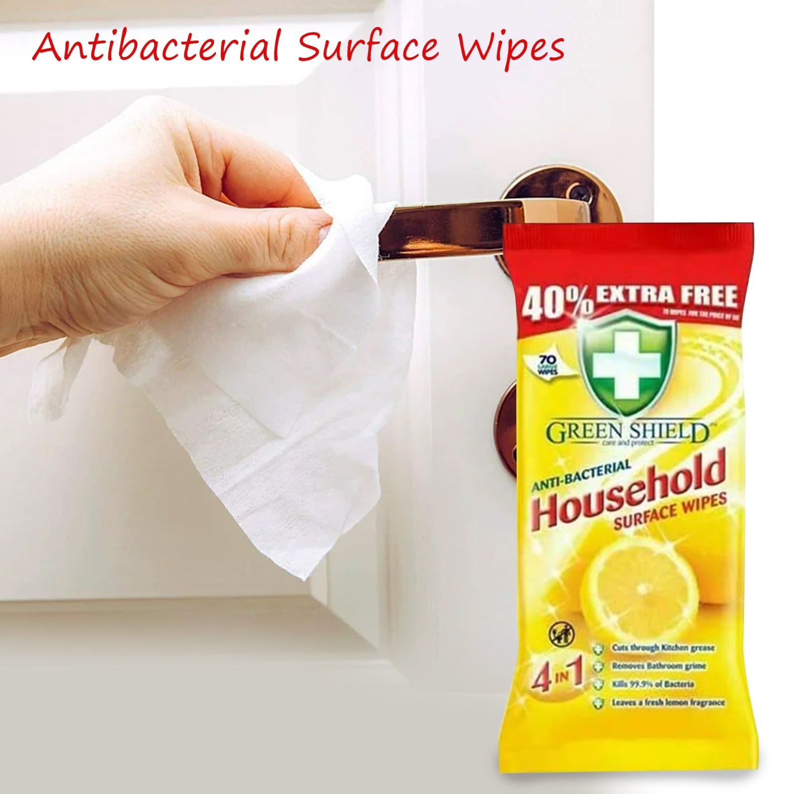 Mode Blend Green Shield Care and Protect Anti-Bacterial Surface Wipes, pack of 140, on a kitchen counter