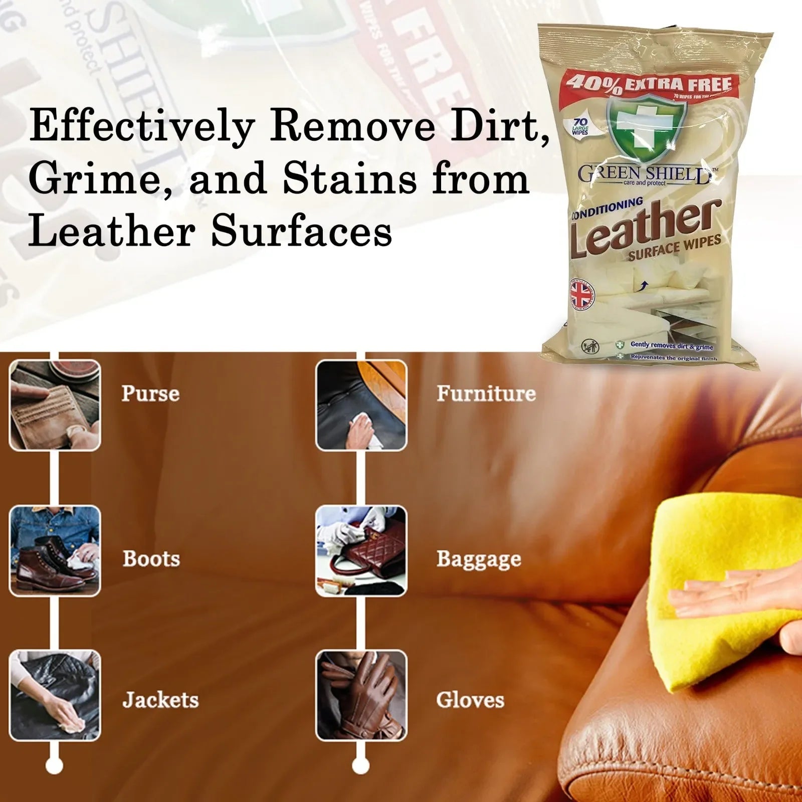 Green Shield Care & Protect Conditioning Leather Surface Wipes- Pack of 2 of 140 Wipes - Mode Blend