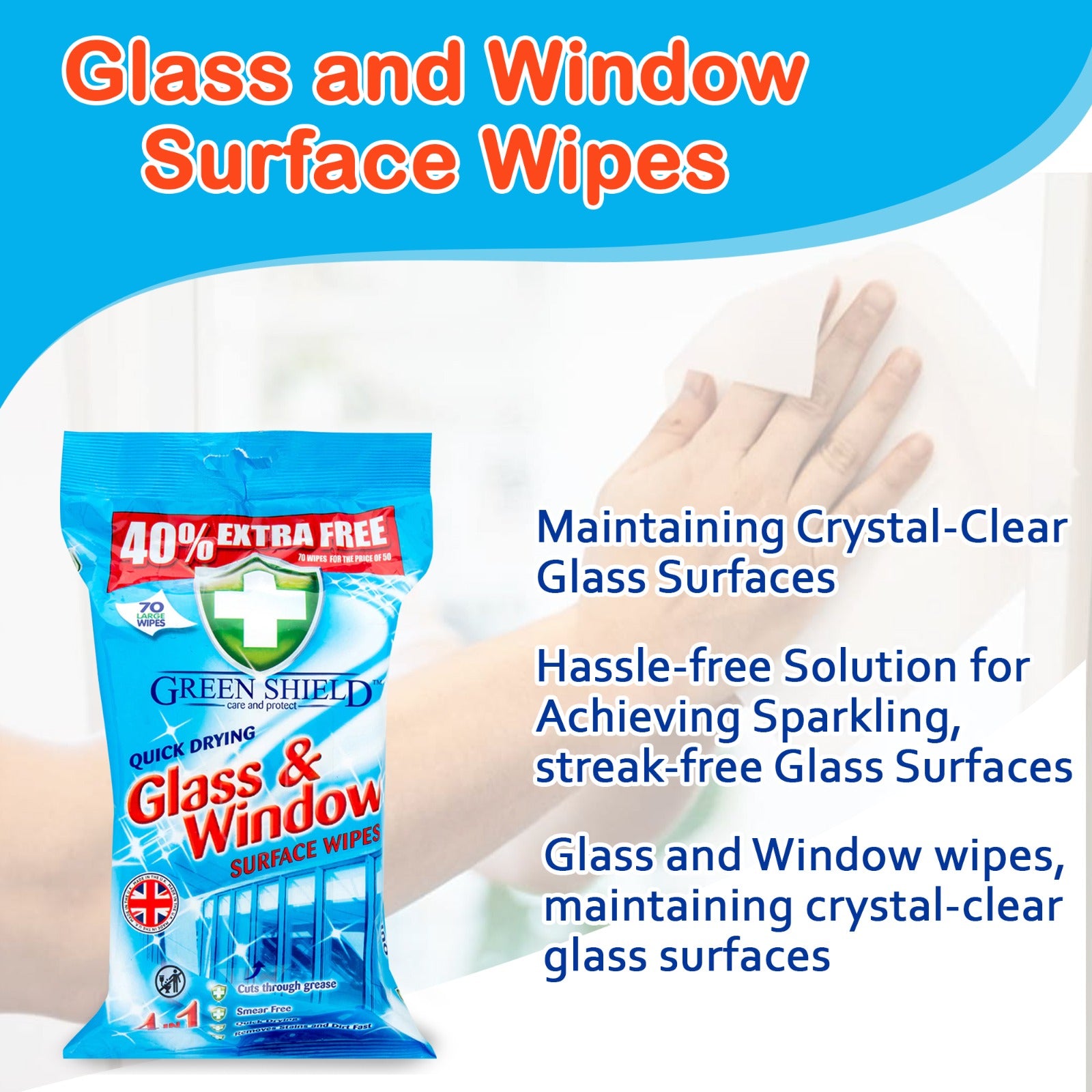 Mode Blend Green Shield Care & Protect Glass & Window Surface Wipes, 2 packs of 140 wipes each