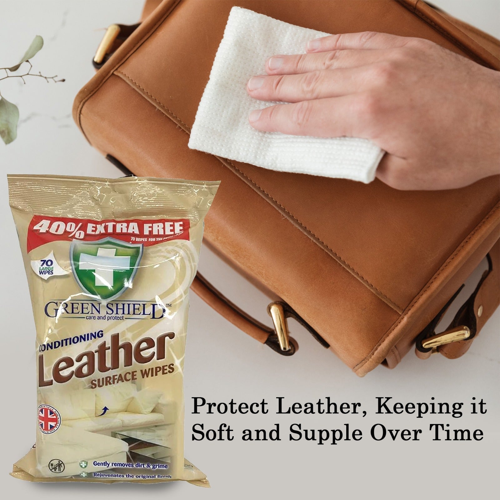 Mode Blend Green Shield Care & Protect Leather Wipes – Pack of 2, perfect for cleaning and conditioning leather surfaces