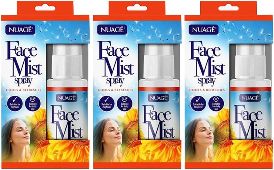 A pair of Mode Blend Nuage Hayfever Facial Mist Spray bottles, 15ml each, designed to cool, refresh, and soothe hayfever symptoms. The compact size and sleek design make it perfect for on-the-go relief