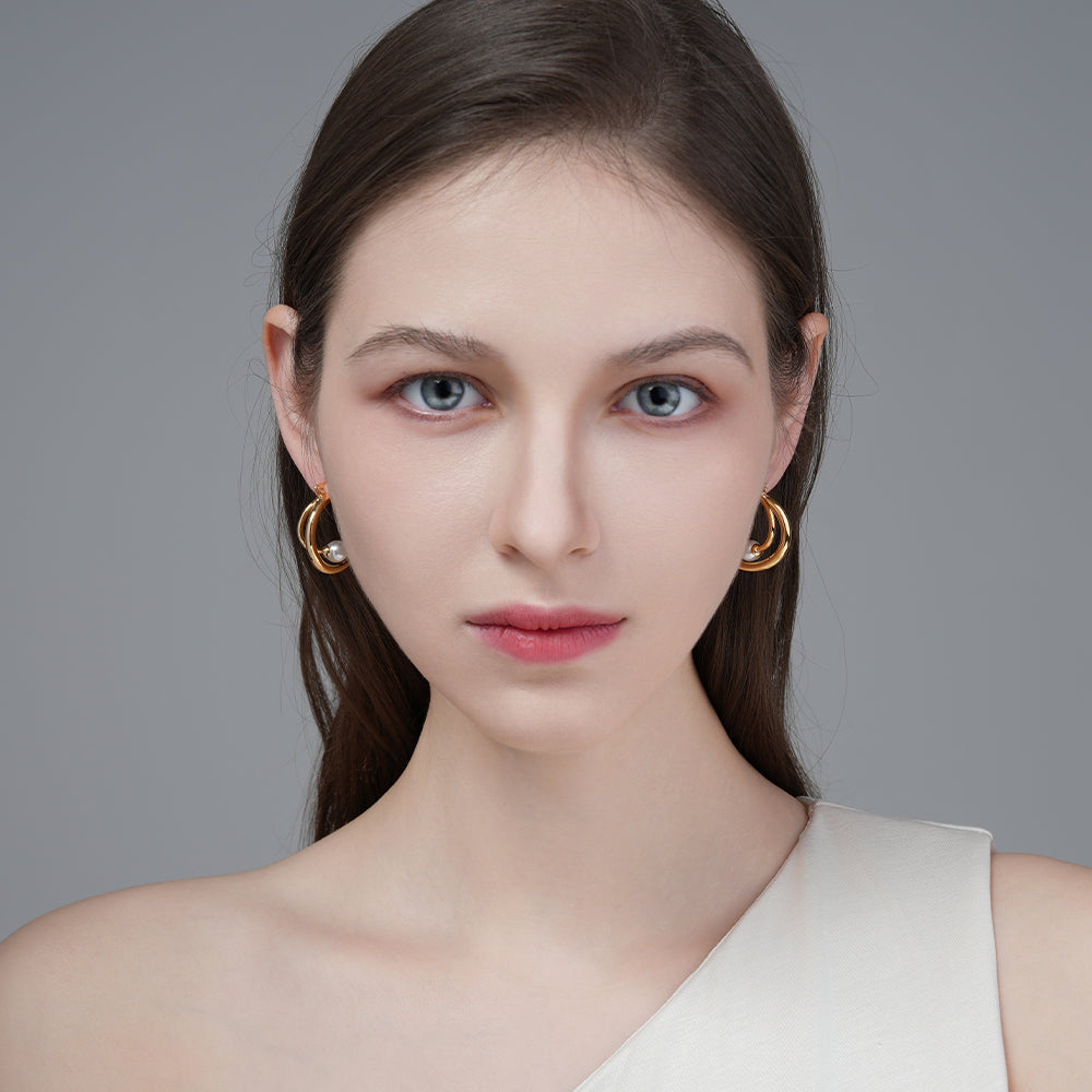 Unique Temperament Wrapped Circle Pearl Earrings 14K Gold Plated Brass with Hypoallergenic Steel Needle