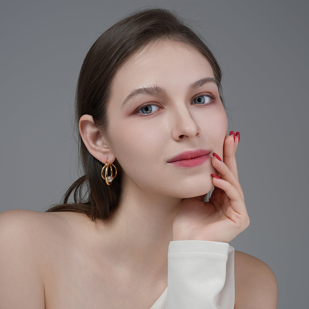 Unique Temperament Wrapped Circle Pearl Earrings 14K Gold Plated Brass with Hypoallergenic Steel Needle