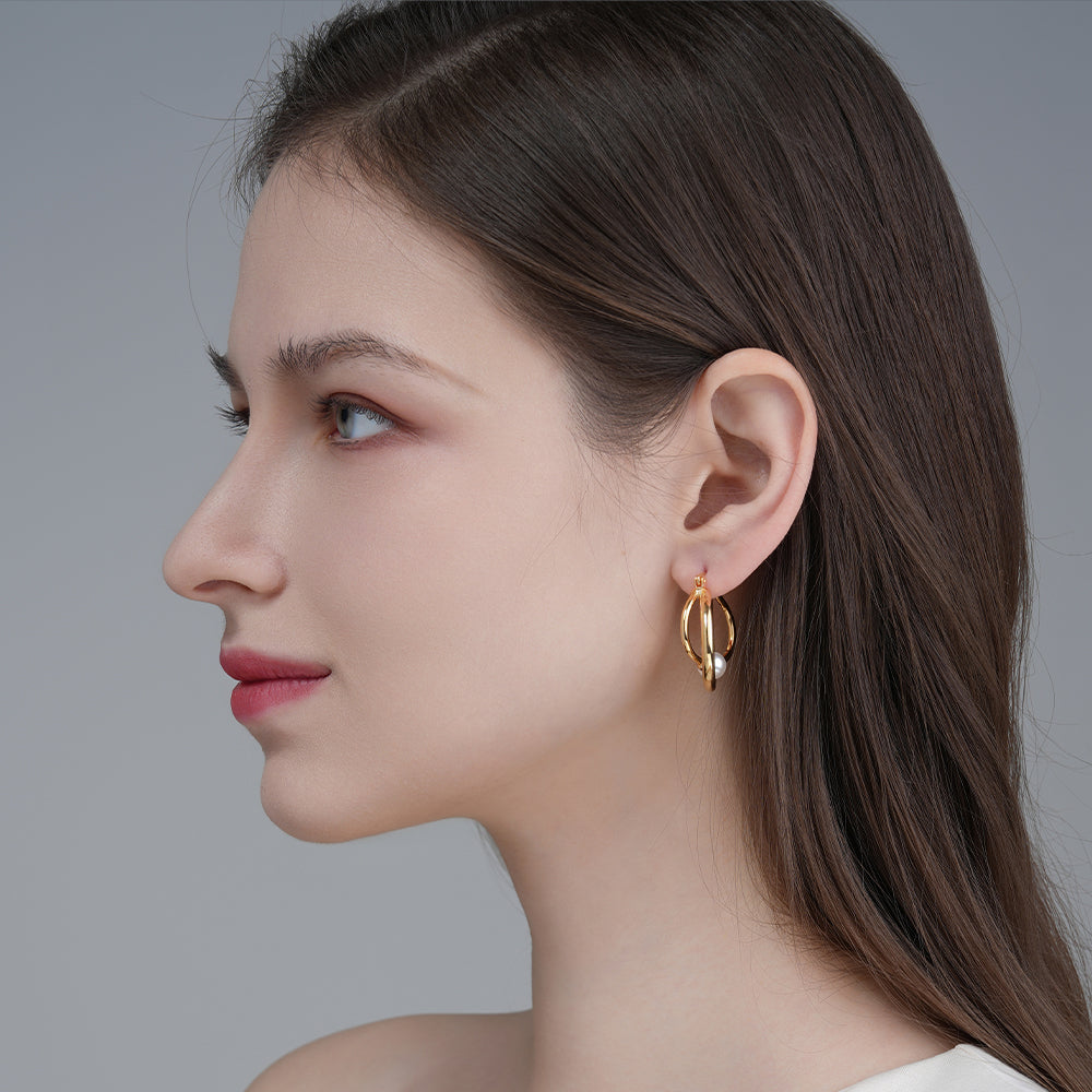 Unique Temperament Wrapped Circle Pearl Earrings 14K Gold Plated Brass with Hypoallergenic Steel Needle