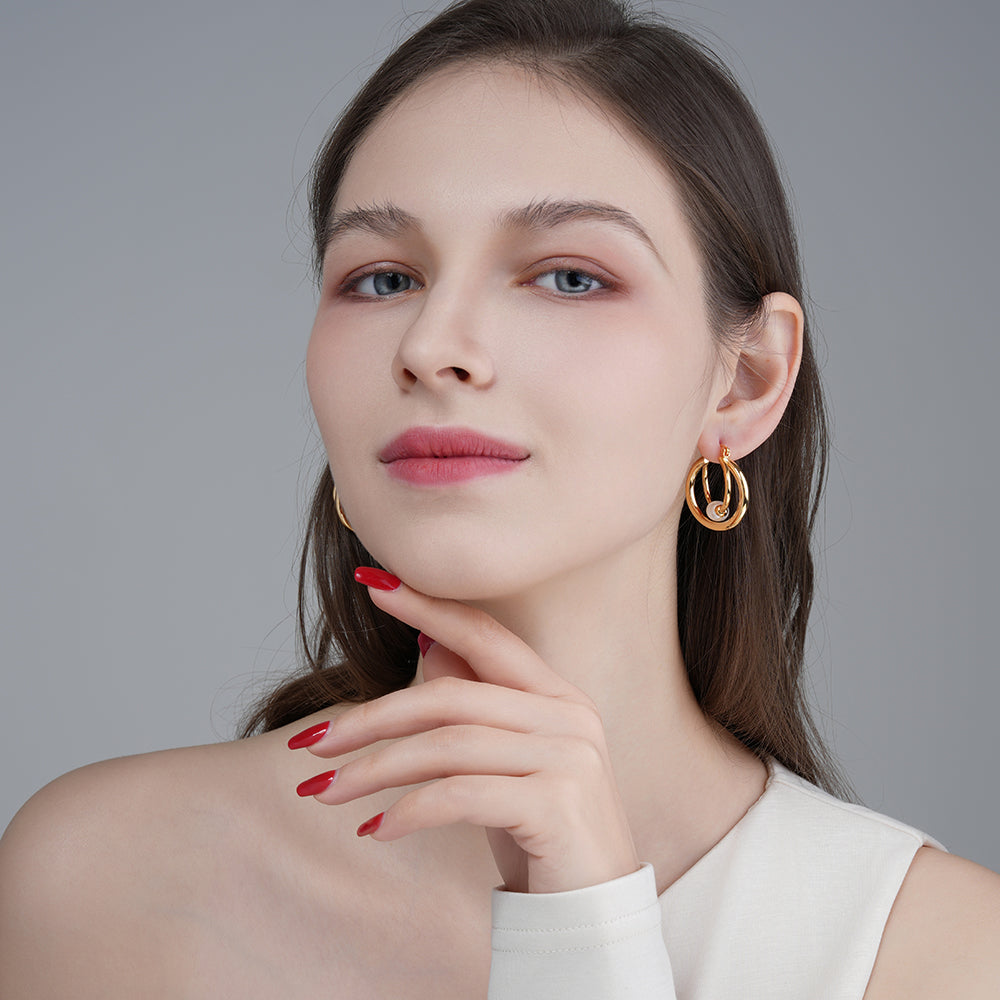 Unique Temperament Wrapped Circle Pearl Earrings 14K Gold Plated Brass with Hypoallergenic Steel Needle
