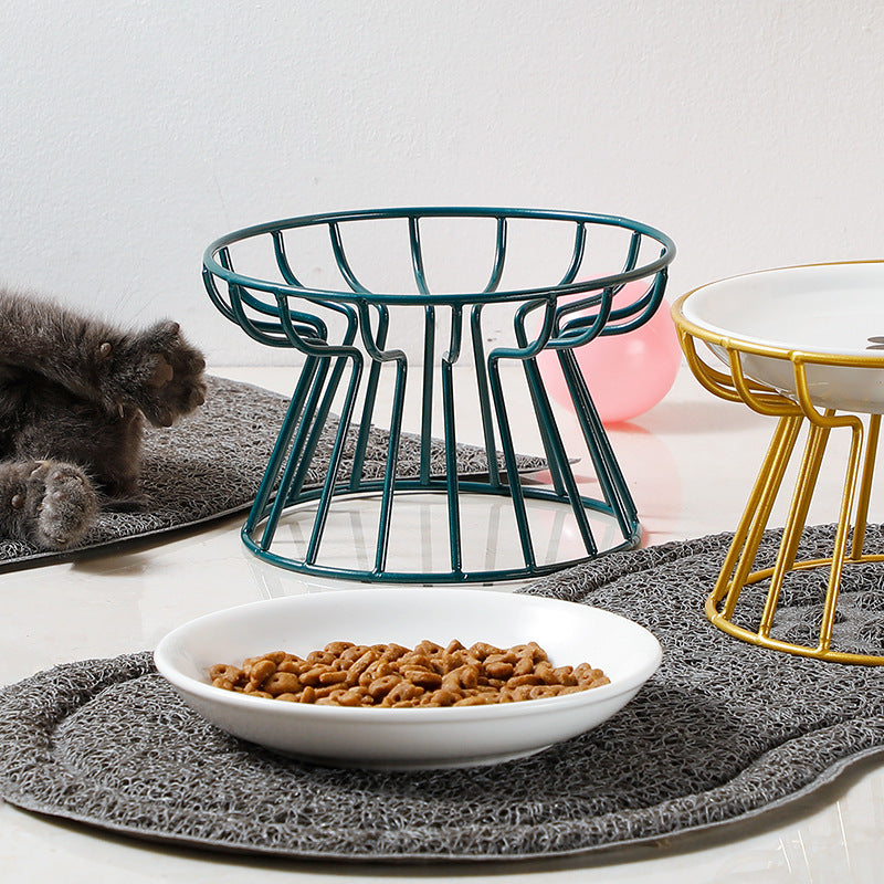Side angle of a raised ceramic pet bowl with stand, designed for ergonomic feeding