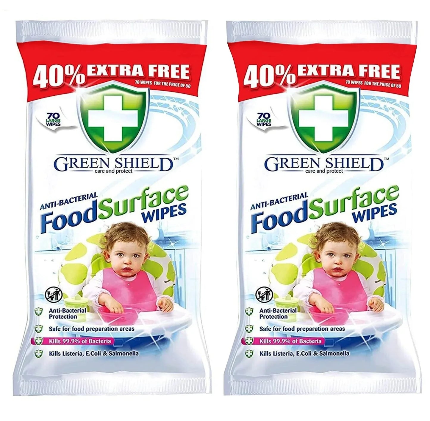 Green Shield Care and Protect, Anti-Bacterial Wipes for Food Surface, 2 Packs of 140 Wipes - Mode Blend