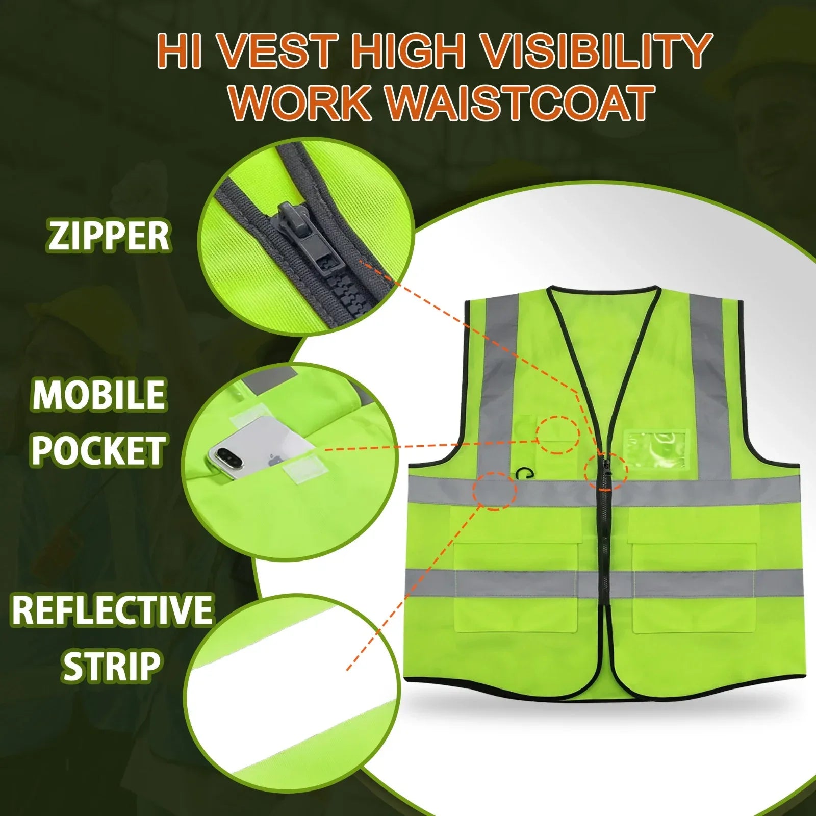 High Visibility Reflective Safety Vest, Work Waistcoat with Reflective Tape Strips for Road Construction & Safety Use - Mode Blend