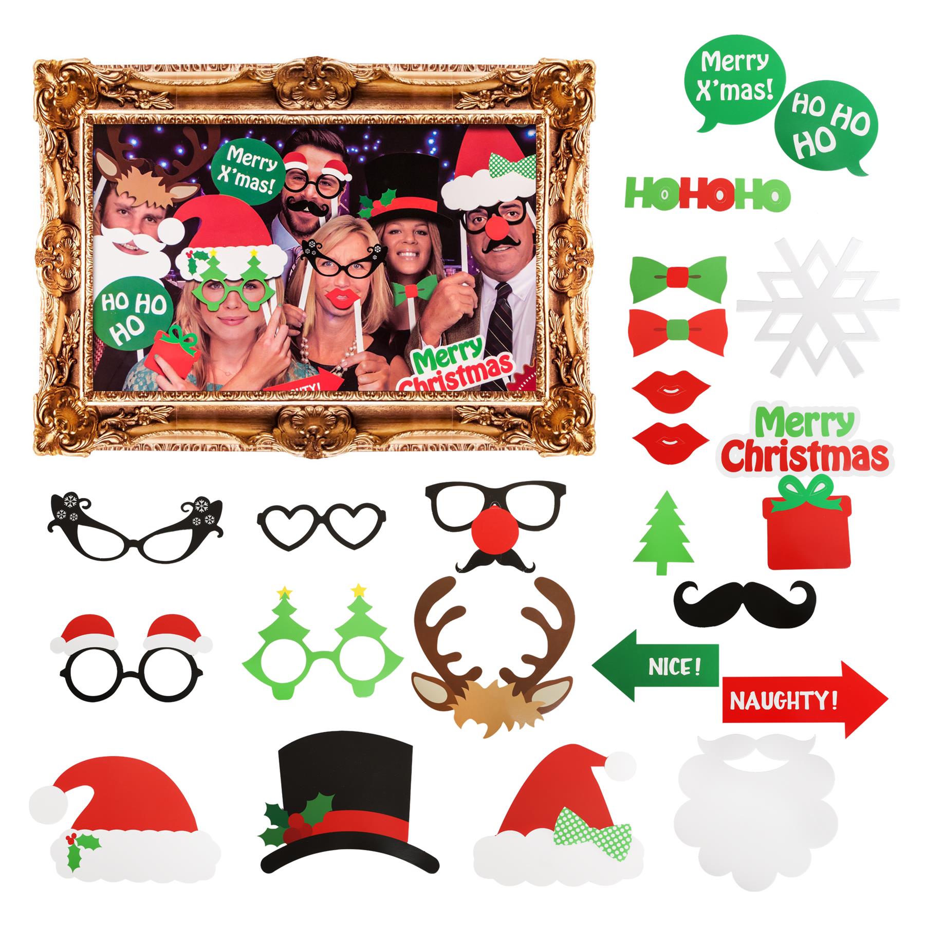 Festive Photobooth Selfie Frame and Props Set 24 Pieces Plus Large Frame Kids Adults Elf Christmas