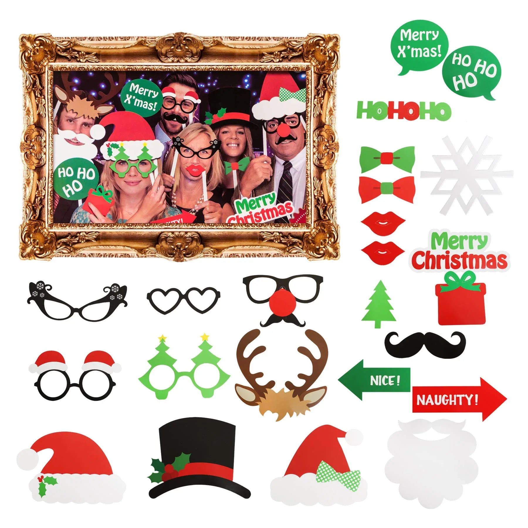 Christmas Festive Photobooth Selfie Frame & Props Set – 24 Pieces + Large Photo Frame | Kids & Adults Party Decorations | Elf, Santa & Holiday Theme Photo Booth Kit - Mode Blend