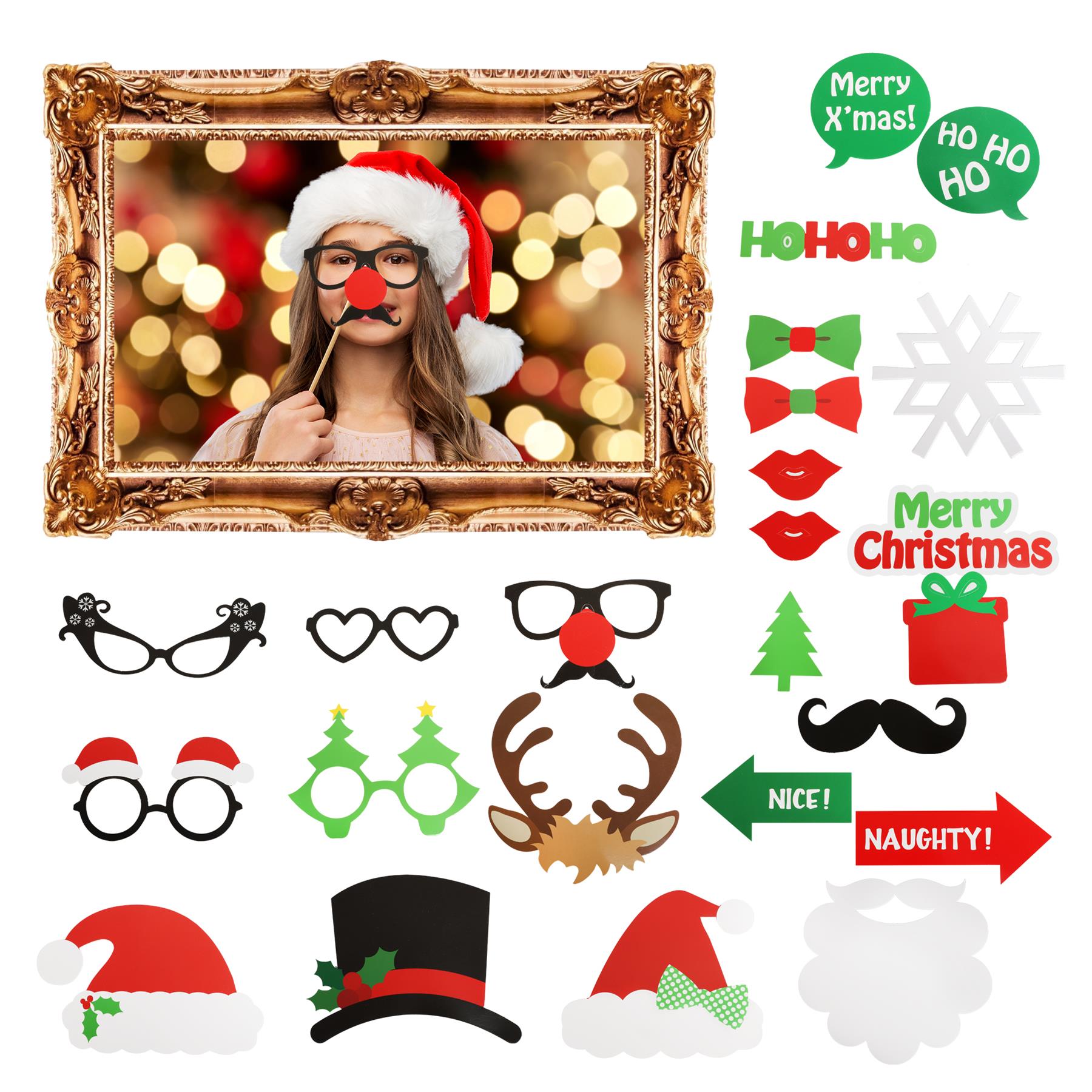 Festive Photobooth Selfie Frame and Props Set 24 Pieces Plus Large Frame Kids Adults Elf Christmas