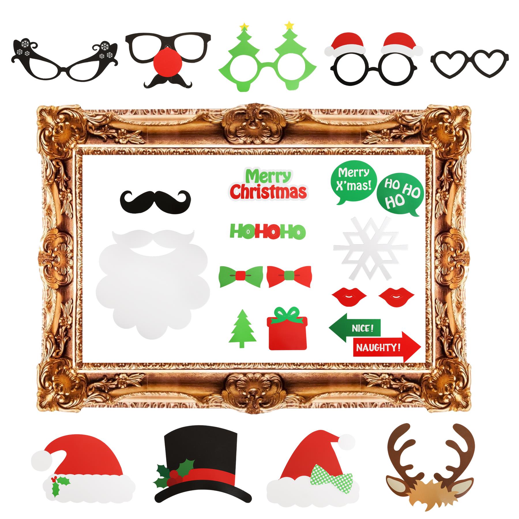 Christmas Festive Photobooth Selfie Frame & Props Set – 24 Pieces + Large Photo Frame | Kids & Adults Party Decorations | Elf, Santa & Holiday Theme Photo Booth Kit