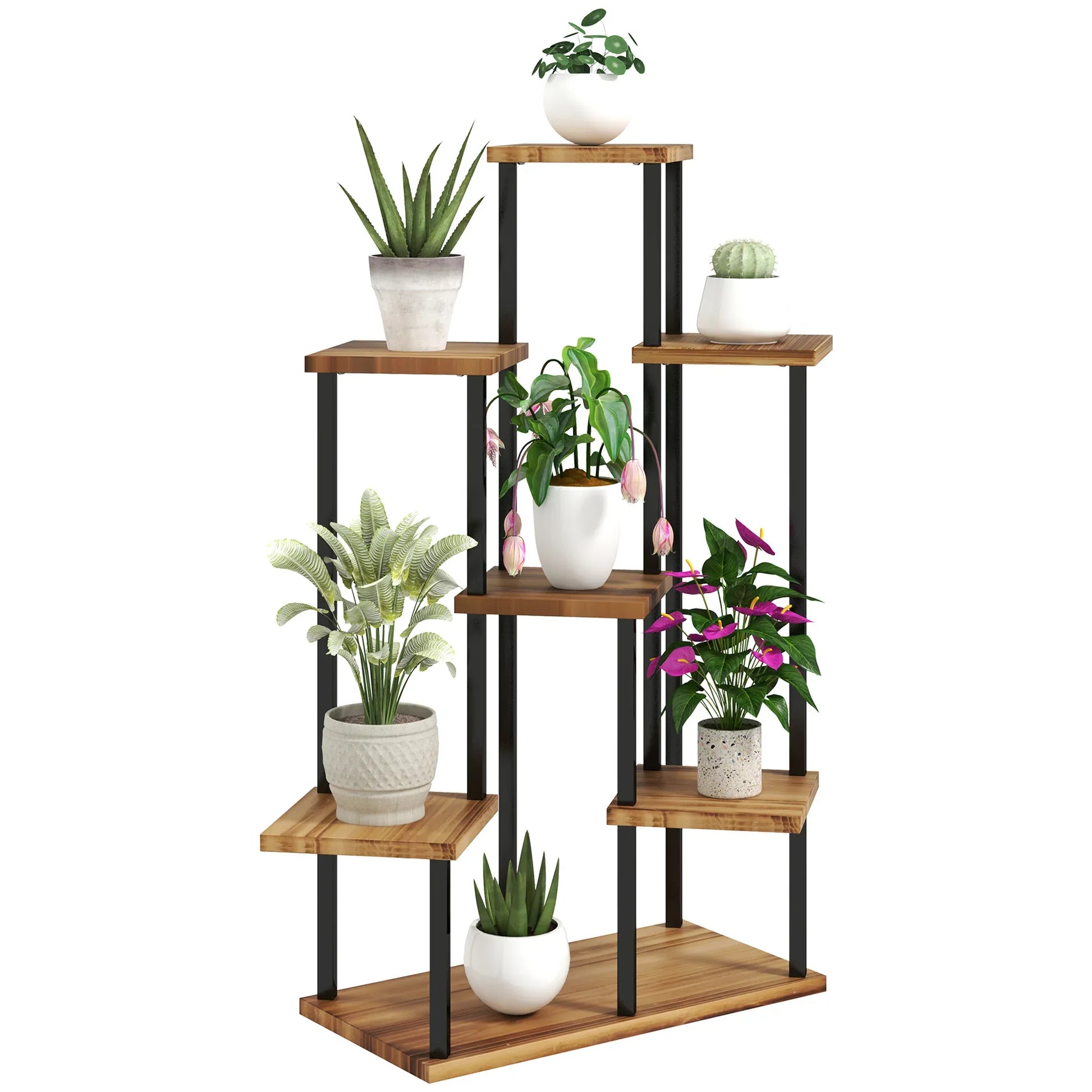 Outsunny 7-Tier Tall Plant Stand – Steel & Wood Shelf with Carbonised Finish | Multi-Layer Indoor Outdoor Display Rack for Flowers, Pots & Décor - Mode Blend