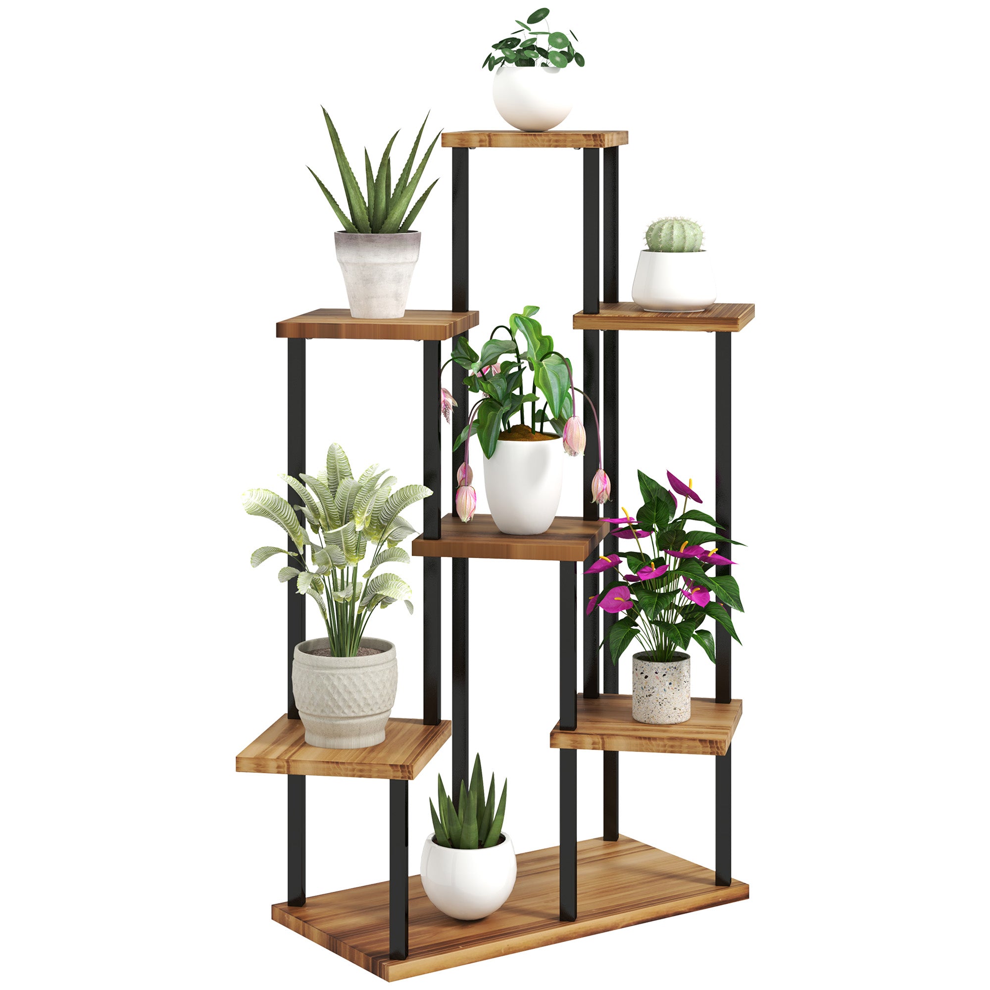 Outsunny 7-Tier Tall Plant Stand – Steel & Wood Shelf with Carbonised Finish | Multi-Layer Indoor Outdoor Display Rack for Flowers, Pots & Décor