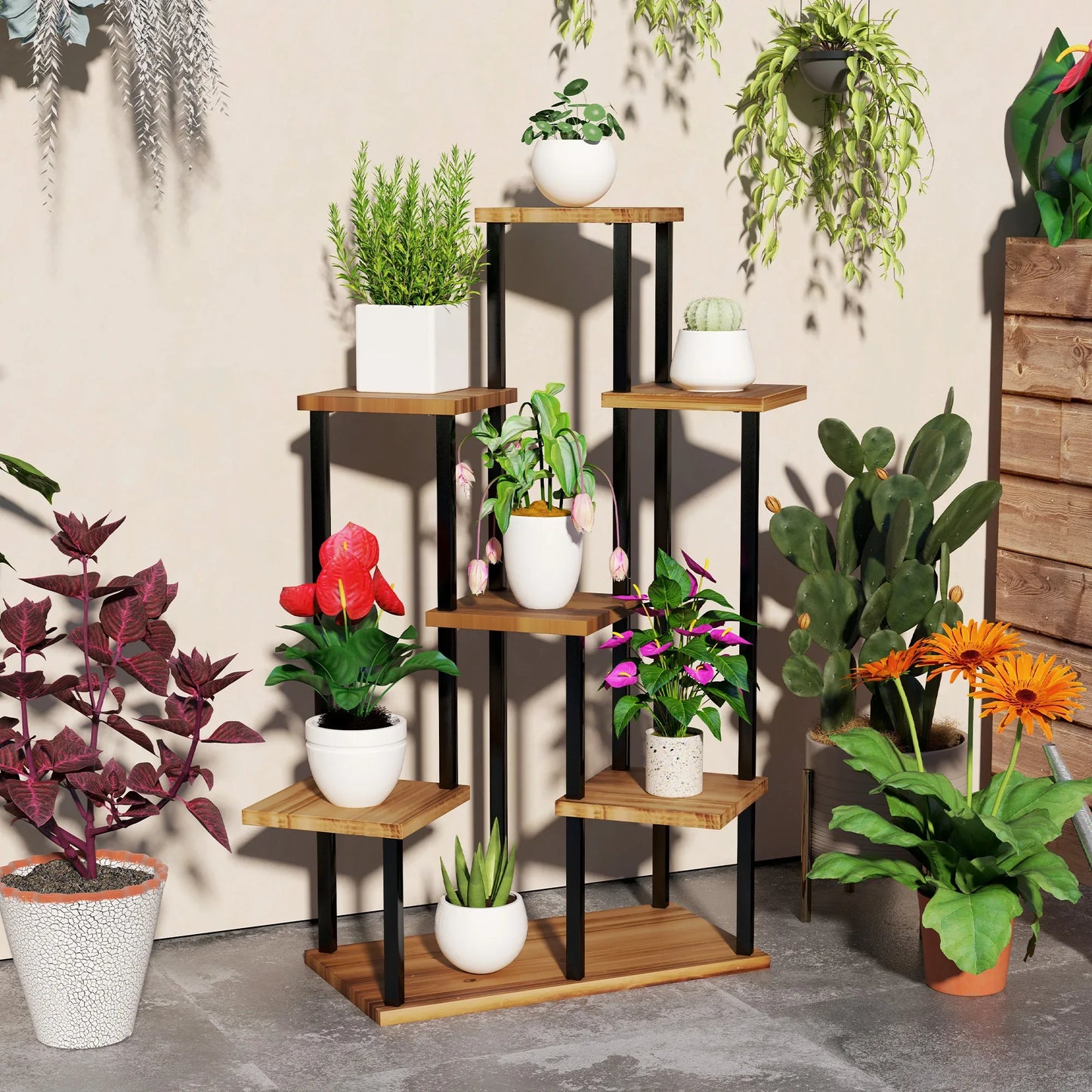 Outsunny 7-Tier Tall Plant Stand – Steel & Wood Shelf with Carbonised Finish | Multi-Layer Indoor Outdoor Display Rack for Flowers, Pots & Décor - Mode Blend