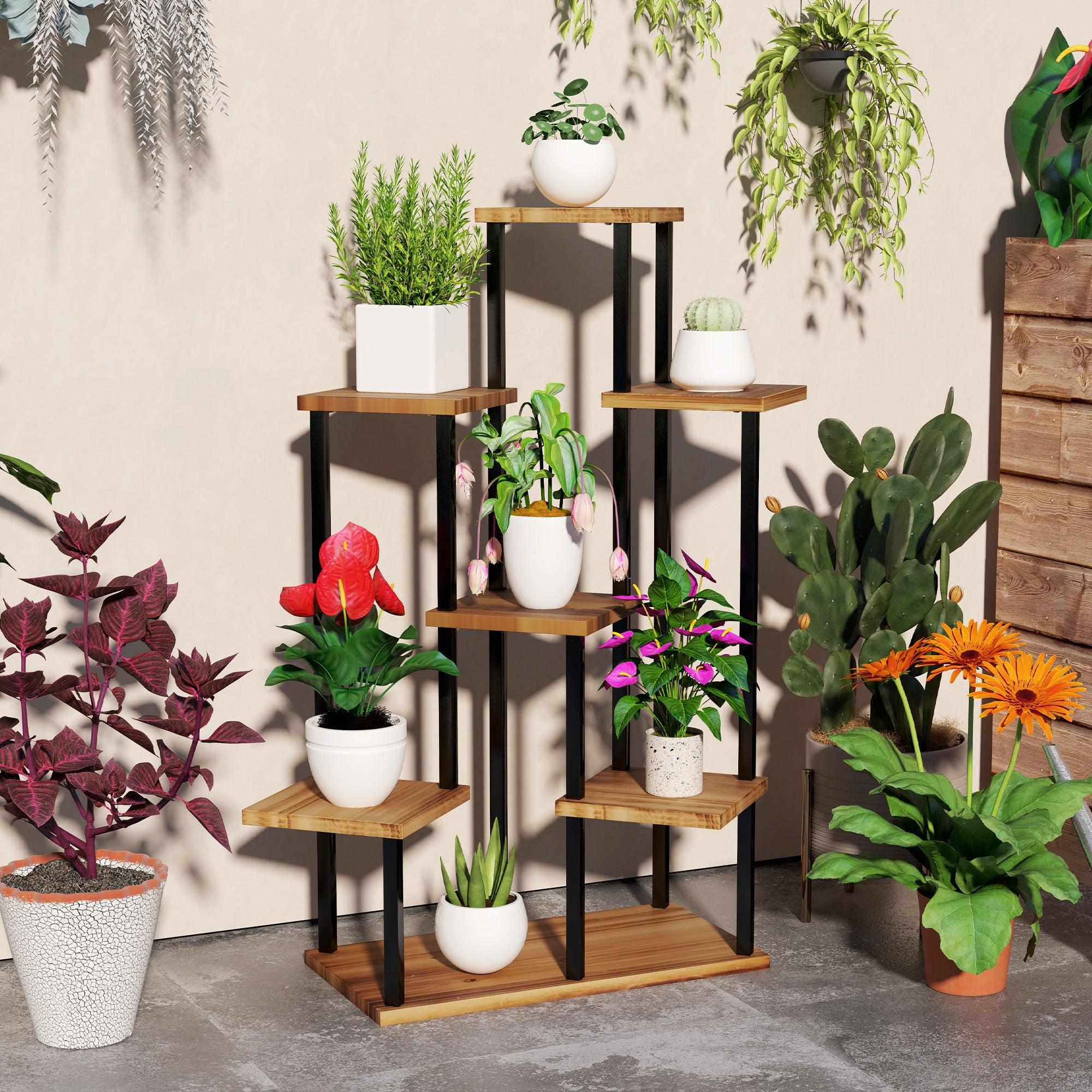 Outsunny 7-Tier Tall Plant Stand – Steel & Wood Shelf with Carbonised Finish | Multi-Layer Indoor Outdoor Display Rack for Flowers, Pots & Décor