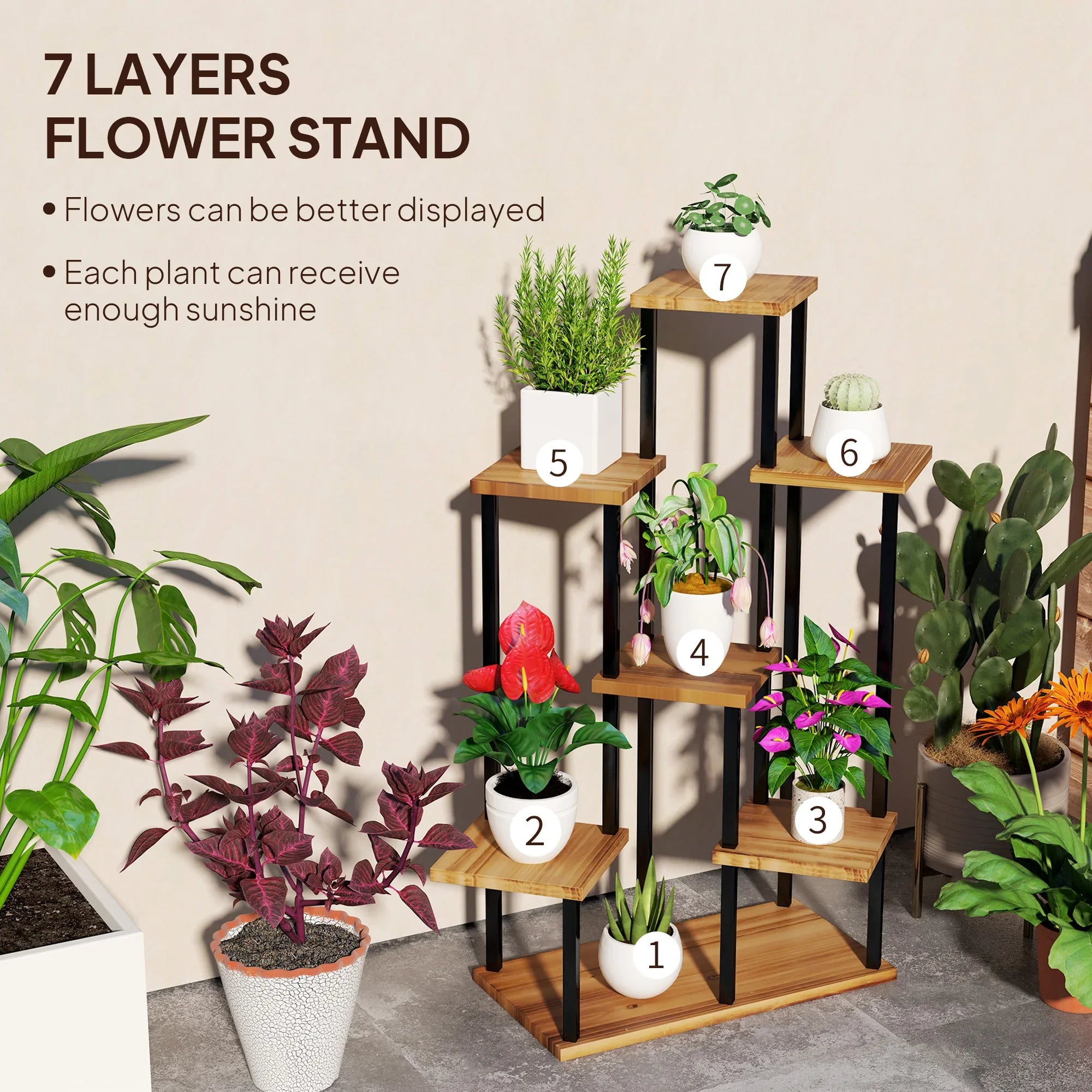 Outsunny 7-Tier Tall Plant Stand – Steel & Wood Shelf with Carbonised Finish | Multi-Layer Indoor Outdoor Display Rack for Flowers, Pots & Décor - Mode Blend