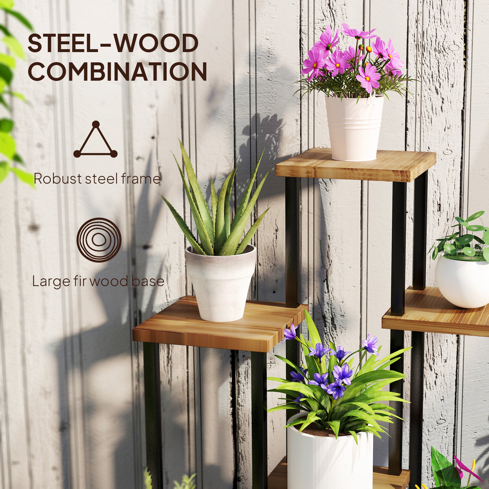 Outsunny 7-Tier Tall Plant Stand – Steel & Wood Shelf with Carbonised Finish | Multi-Layer Indoor Outdoor Display Rack for Flowers, Pots & Décor