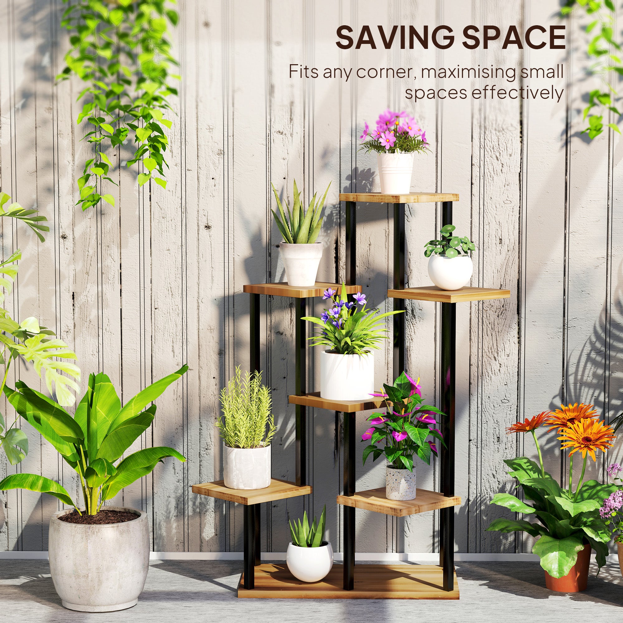 Outsunny 7 Tier Plant Stand, Tall Steel Wood Plant Shelf, Carbonised Finish