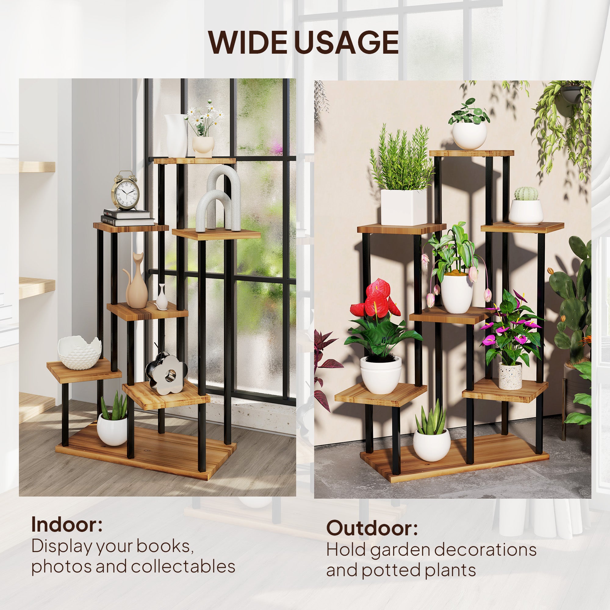 Outsunny 7-Tier Tall Plant Stand – Steel & Wood Shelf with Carbonised Finish | Multi-Layer Indoor Outdoor Display Rack for Flowers, Pots & Décor