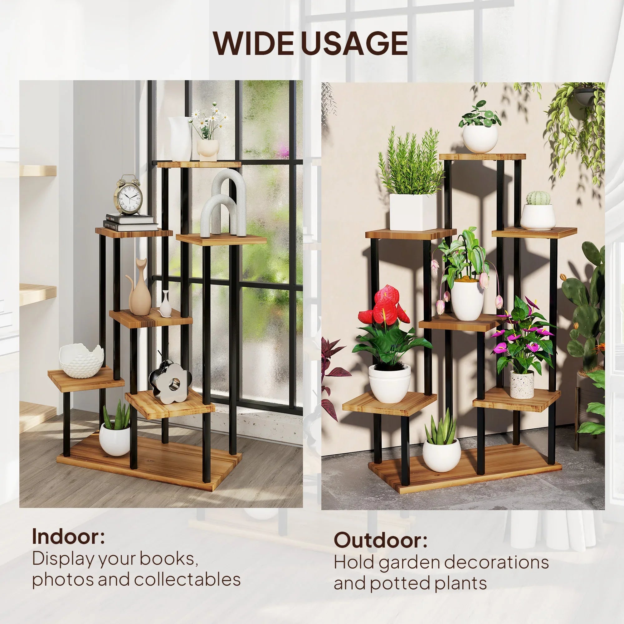Outsunny 7-Tier Tall Plant Stand – Steel & Wood Shelf with Carbonised Finish | Multi-Layer Indoor Outdoor Display Rack for Flowers, Pots & Décor - Mode Blend