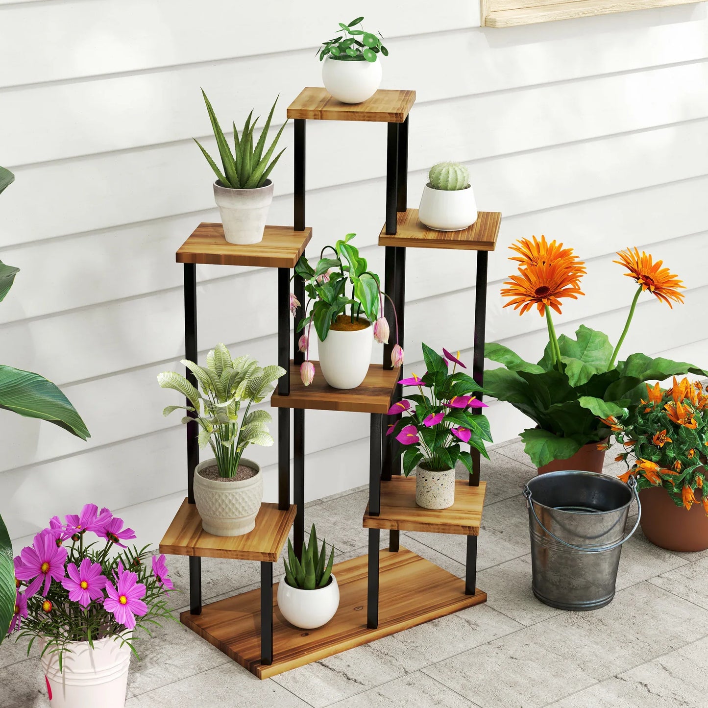 Outsunny 7-Tier Tall Plant Stand – Steel & Wood Shelf with Carbonised Finish | Multi-Layer Indoor Outdoor Display Rack for Flowers, Pots & Décor - Mode Blend