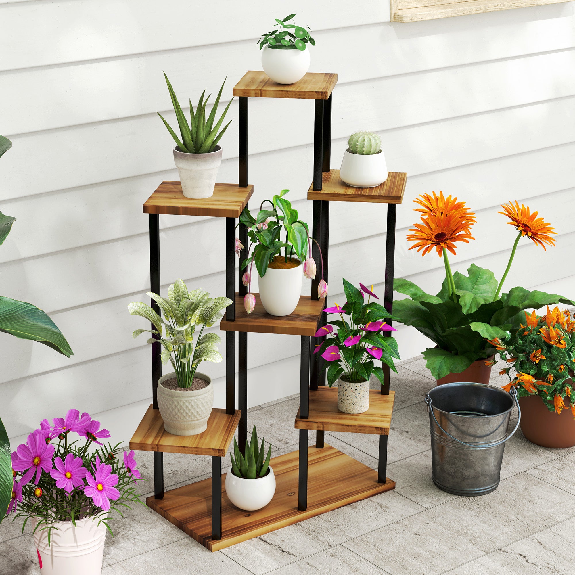 Outsunny 7-Tier Tall Plant Stand – Steel & Wood Shelf with Carbonised Finish | Multi-Layer Indoor Outdoor Display Rack for Flowers, Pots & Décor