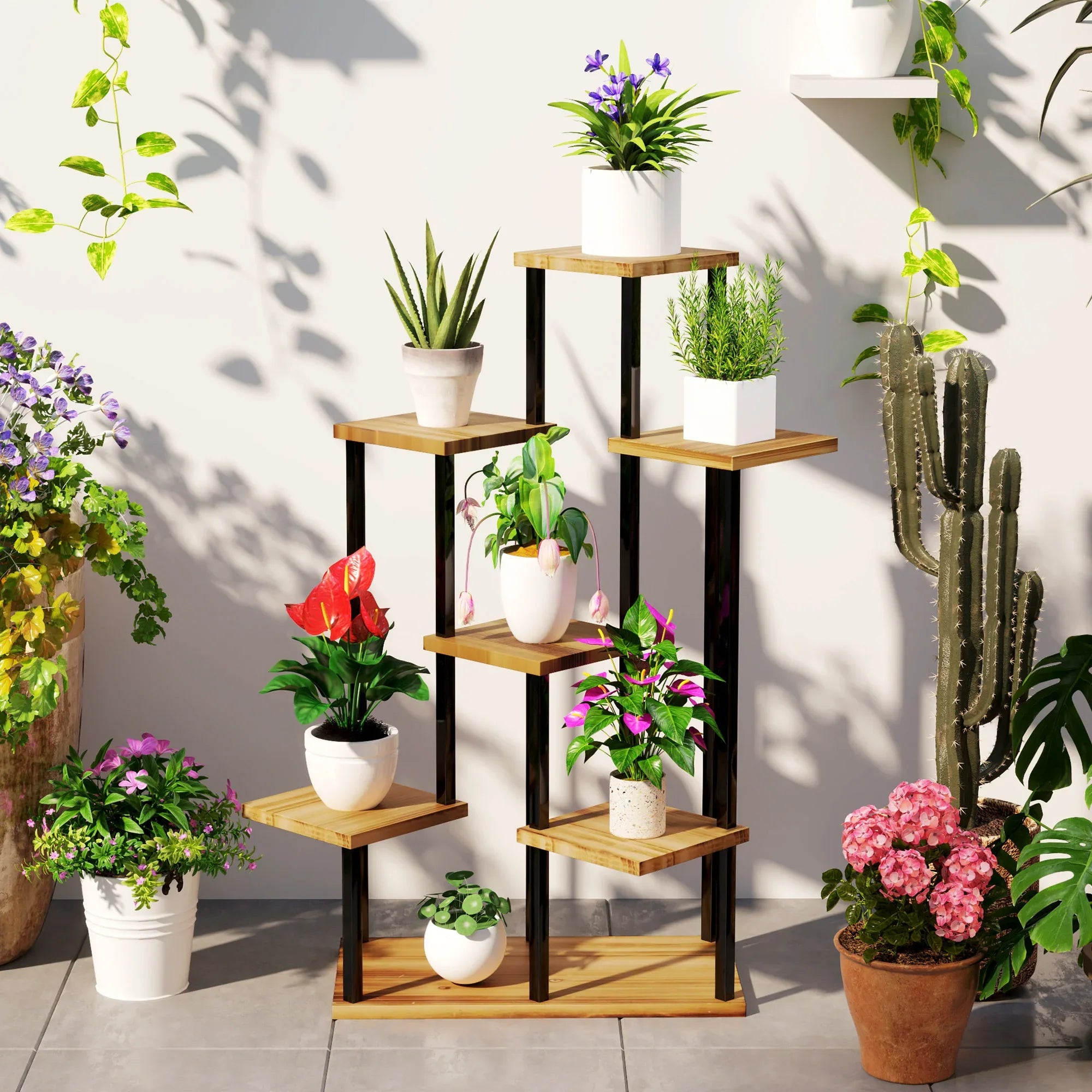 Outsunny 7-Tier Tall Plant Stand – Steel & Wood Shelf with Carbonised Finish | Multi-Layer Indoor Outdoor Display Rack for Flowers, Pots & Décor - Mode Blend