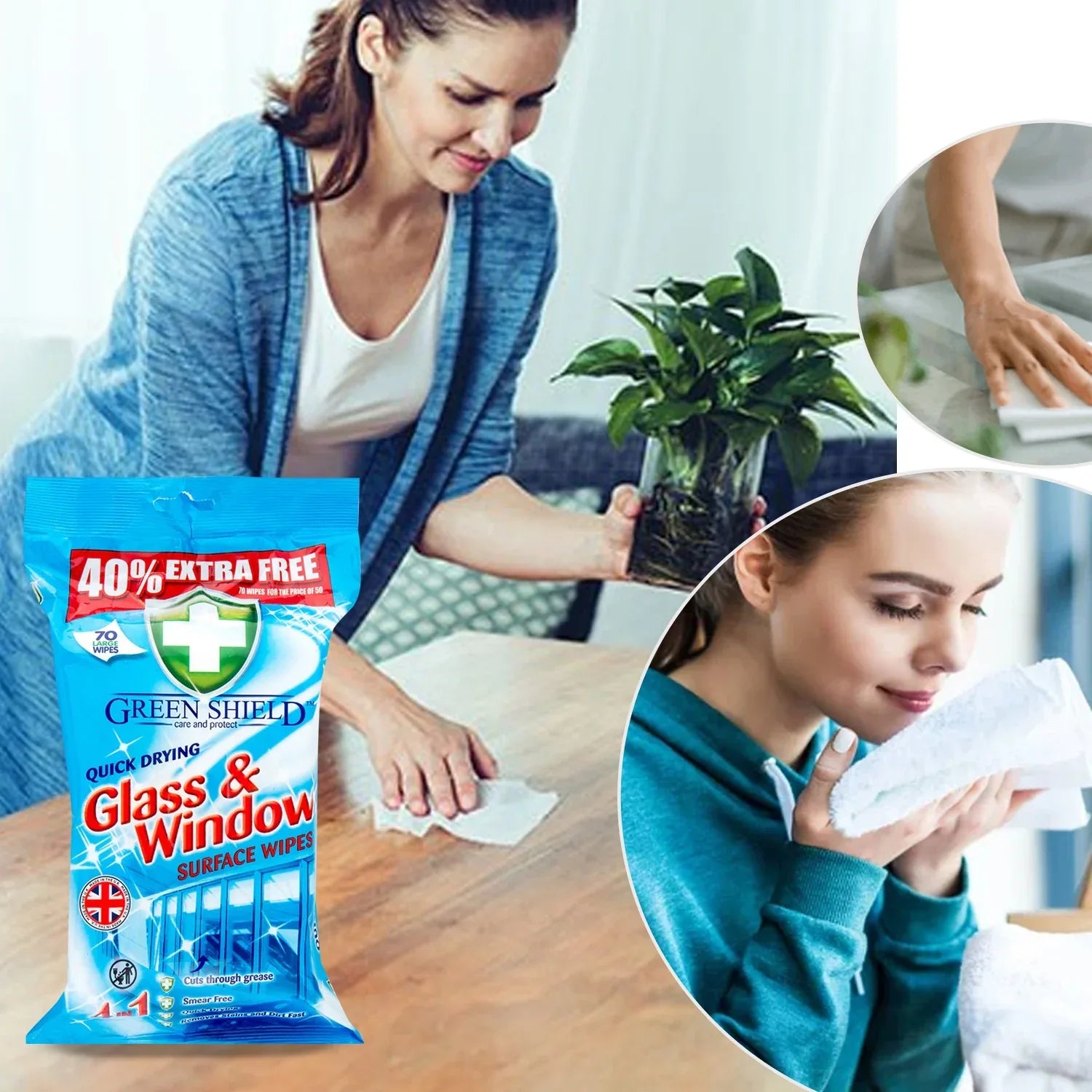 Green Shield Care & Protect Glass & Window Surface Wipes, 2 Packs of 140 Wipes - Mode Blend