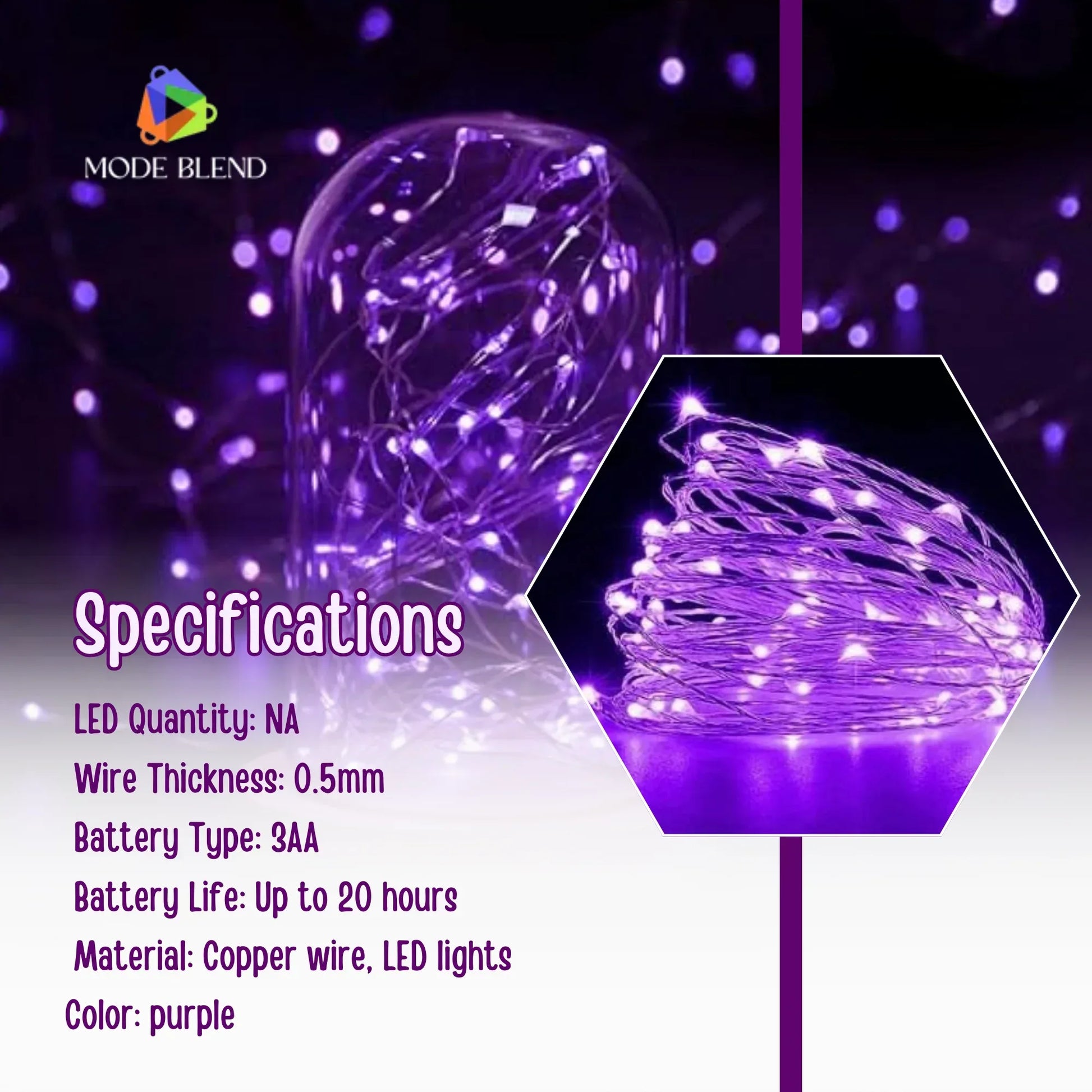 LED Copper Wire String Lights Mini 3AA Battery Operated/Powered Copper Wire LED Firefly Lights for Bedroom Decoration Wedding Home Christmas Parties Holiday (White, 5M - 50LED) [Energy Class A] - Mode Blend