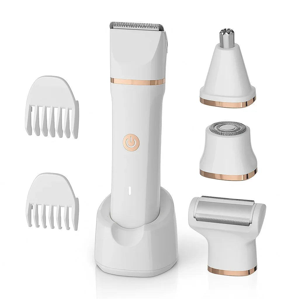 Waterproof Plastic Compact & Portable 4-in-1 Trimmer, Rechargeable, Fast Charging, Interchangeable Heads, Suitable for Women & Men, for Bikini, Pubic, Face, Nose, and Body Hair Removal - Mode Blend
