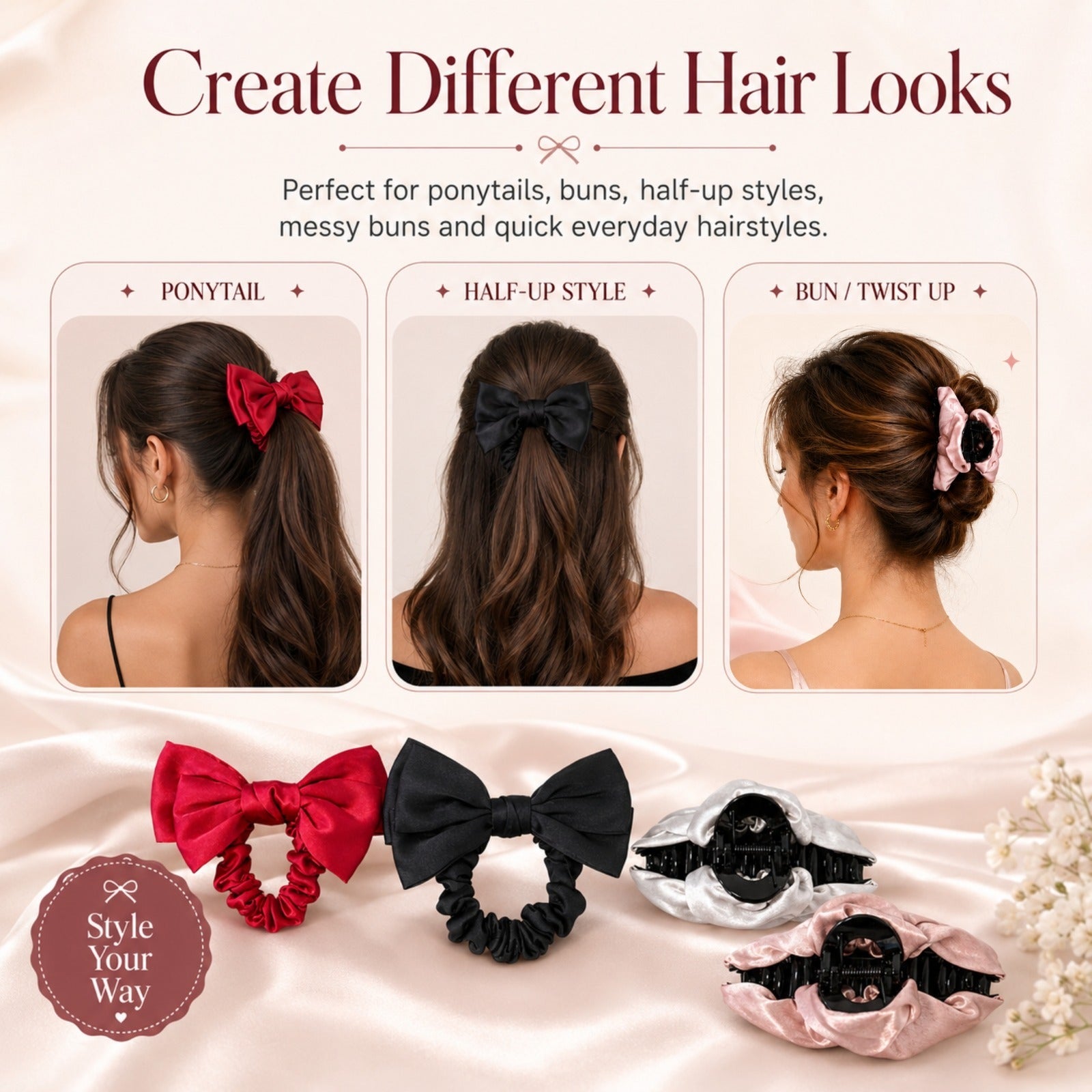 4‑Piece Satin Hair Accessory Set – 2 Bow Scrunchies & 2 Fabric‑Wrapped Claw Clips for Thick & Thin Hair,  Cute Non-Slip Hair Set