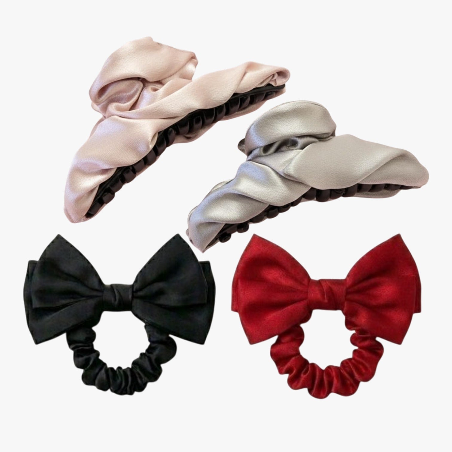 4‑Piece Satin Hair Accessory Set – 2 Bow Scrunchies & 2 Fabric‑Wrapped Claw Clips for Thick & Thin Hair,  Cute Non-Slip Hair Set