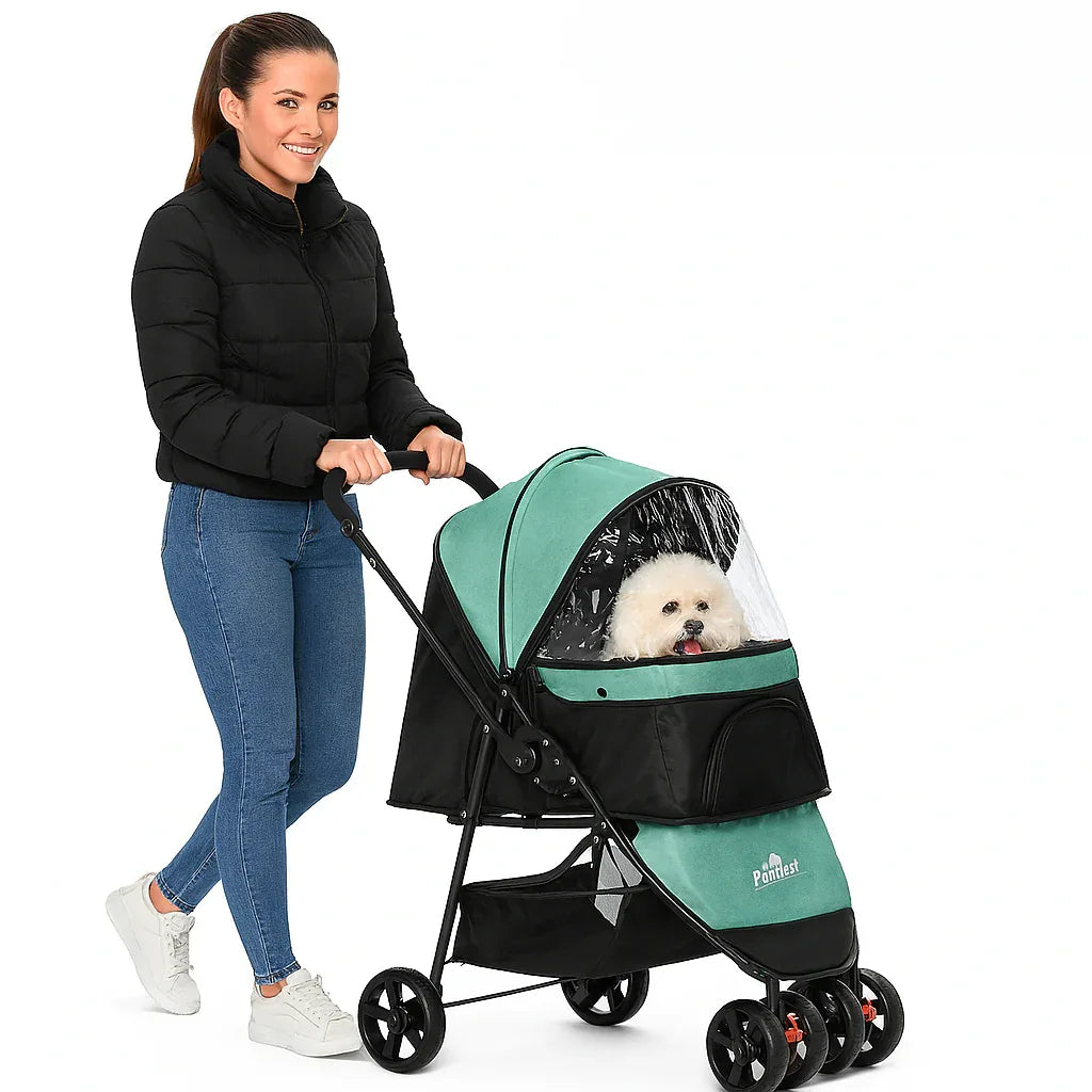 PawHut Dog Stroller for Small Dogs & Cats – Lightweight Pet Travel Carrier with Rain Cover, Safety Leash & Smooth Wheels – Foldable Pet Pram for Outdoor Walks (Light Green) - Mode Blend