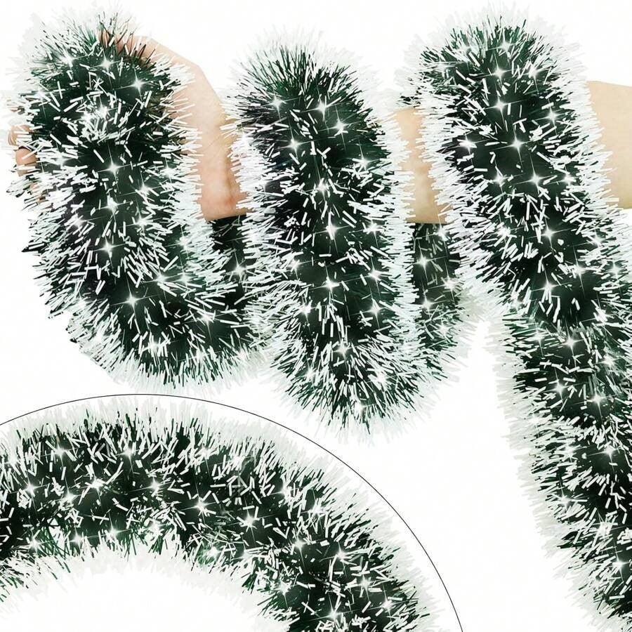 Snow-Tipped Green Christmas Tinsel – 2m | Classic 6-Ply Christmas Tree & Home Decoration - Mode Blend