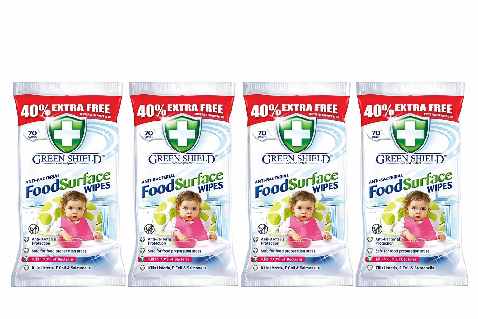 Green Shield Care and Protect, Anti-Bacterial Wipes for Food Surface, 4  Packs of 280 Wipes