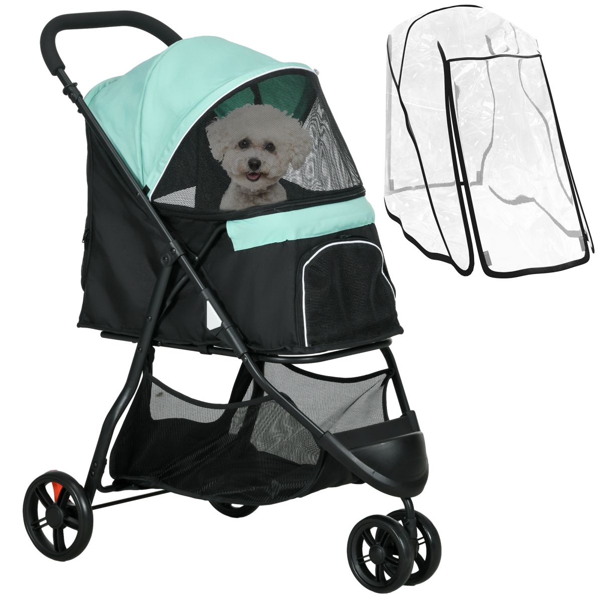 PawHut Dog Stroller for XS Dogs, S Dogs, Cats with Rain Cover Light Green