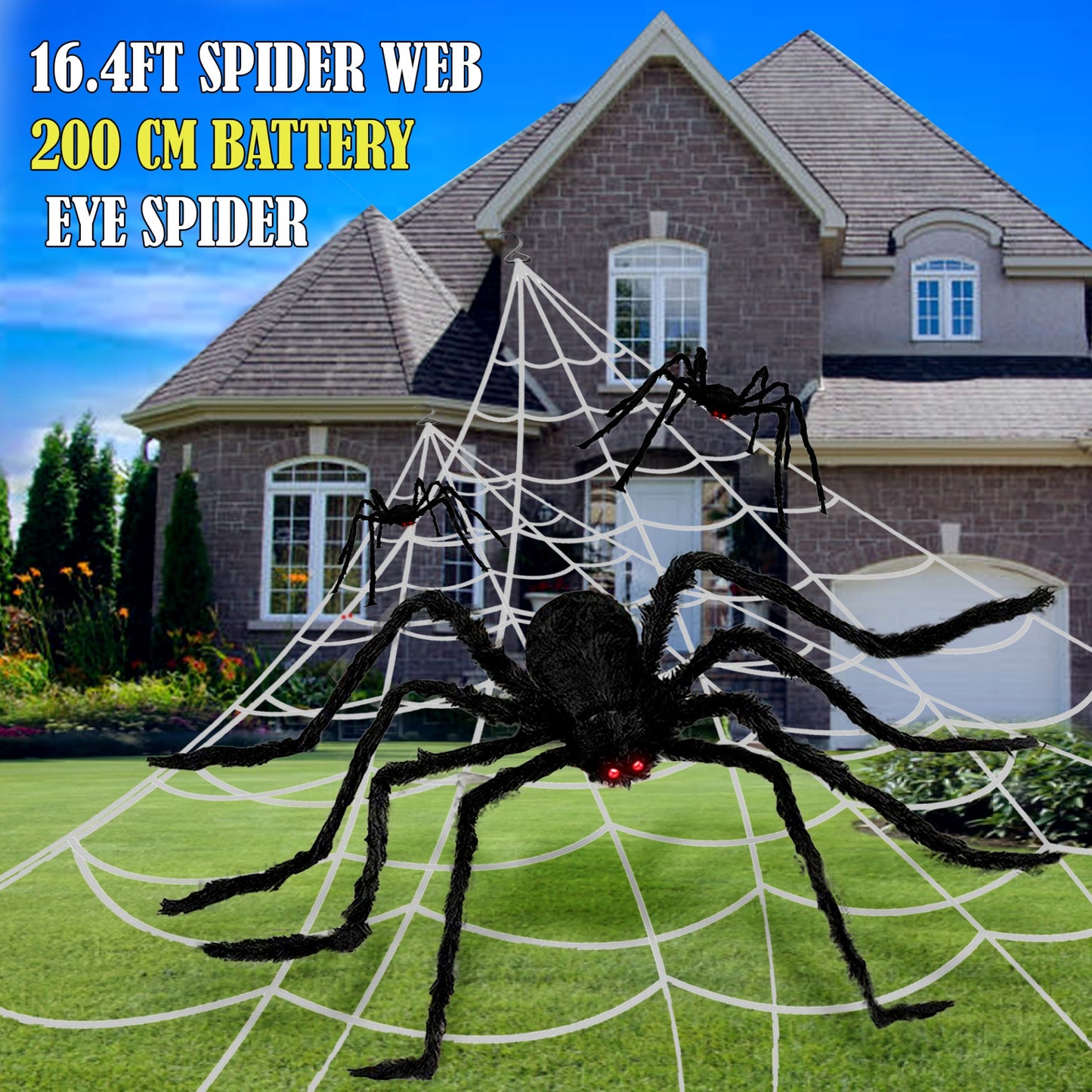 Mode Blend 16FT Halloween Giant Spider Web with 200cm Spider - Outdoor Party Props for Haunted House and Yard