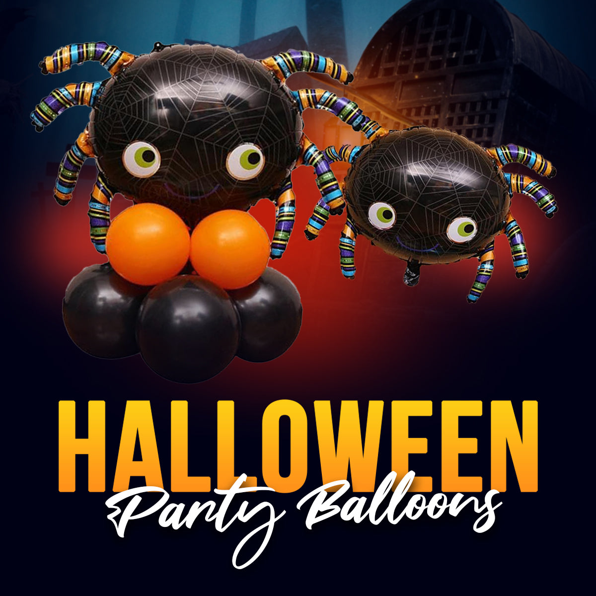 Spooky Spider Foil Balloon on Mode Blend Halloween Display Stand - Kids Party Decoration