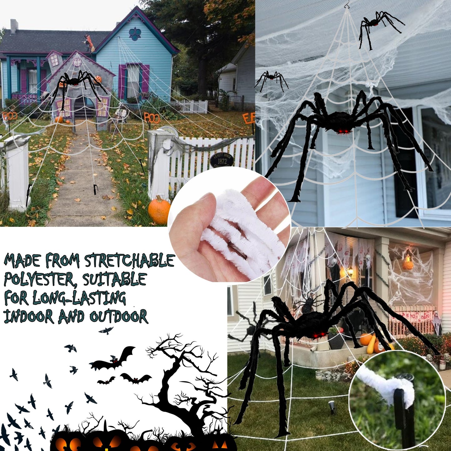 Halloween Spider Web Set Up in Yard - Mode Blend Giant Web with 200cm Spider for Spooky Decor