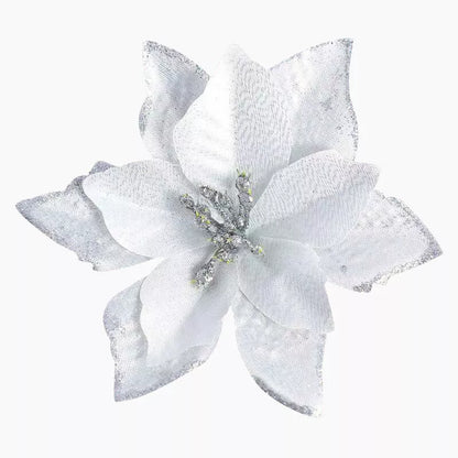 Mode Blend Large Glitter Poinsettia Flowers in White – Festive Christmas Tree Decor