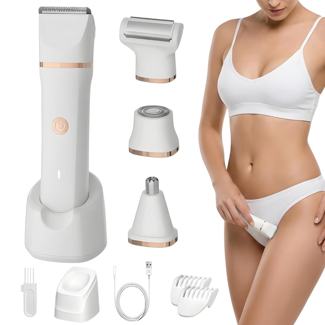 Waterproof Plastic Compact & Portable 4-in-1 Trimmer, Rechargeable, Fast Charging, Interchangeable Heads, Suitable for Women & Men, for Bikini, Pubic, Face, Nose, and Body Hair Removal - Mode Blend